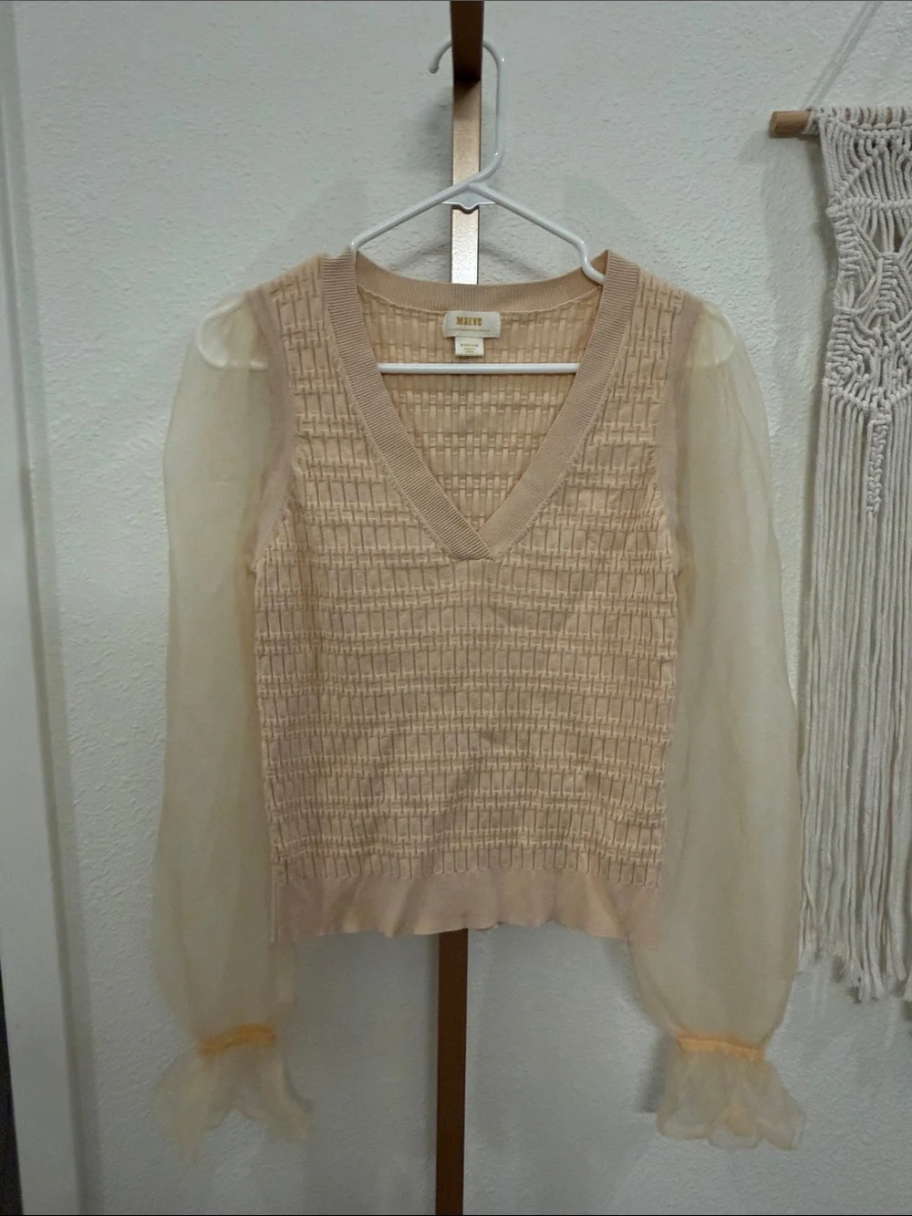 MAEVE by Anthropologie Sheer-Sleeve V-Neck Knit Top in Cream